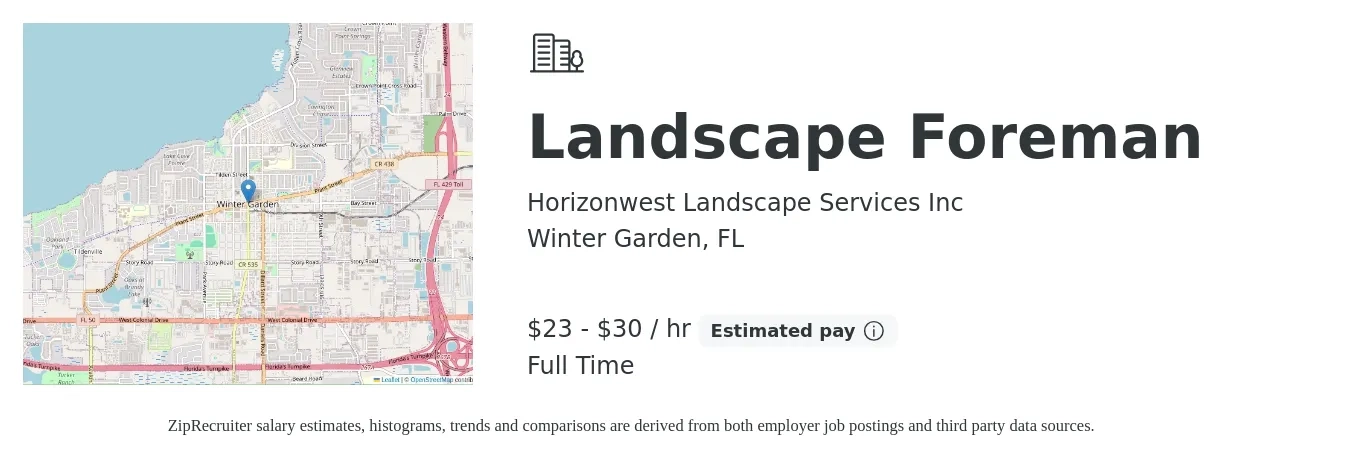 Horizonwest Landscape Services Inc job posting for a Landscape Foreman in Winter Garden, FL with a salary of $24 to $32 Hourly and benefits including pto with a map of Winter Garden location.