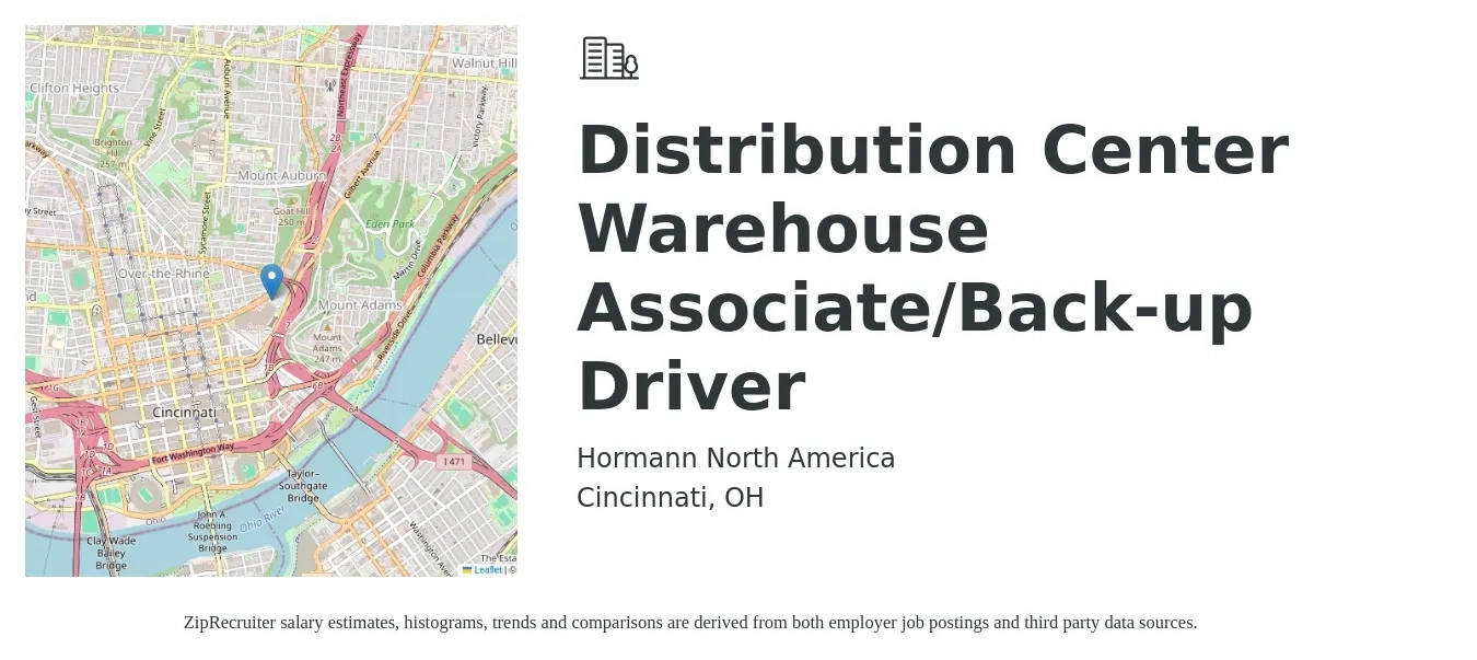 Hormann North America job posting for a Distribution Center Warehouse Associate/Back-up Driver in Cincinnati, OH with a salary of $18 Hourly with a map of Cincinnati location.