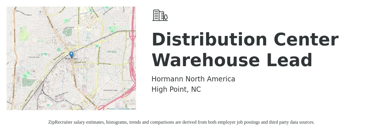 Hormann North America job posting for a Distribution Center Warehouse Lead in High Point, NC with a salary of $20 Hourly with a map of High Point location.
