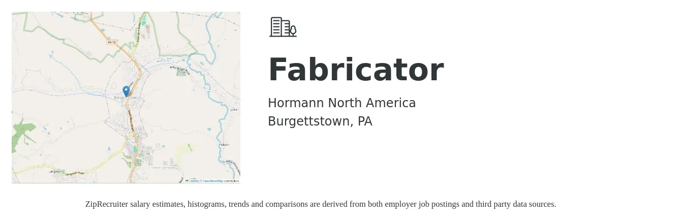 Hormann North America job posting for a Fabricator in Burgettstown, PA with a salary of $18 to $23 Hourly with a map of Burgettstown location.