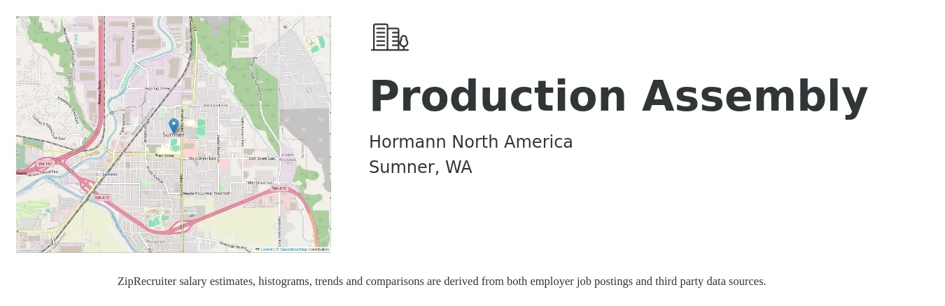 Hormann North America job posting for a Production Assembly in Sumner, WA with a salary of $18 to $20 Hourly with a map of Sumner location.
