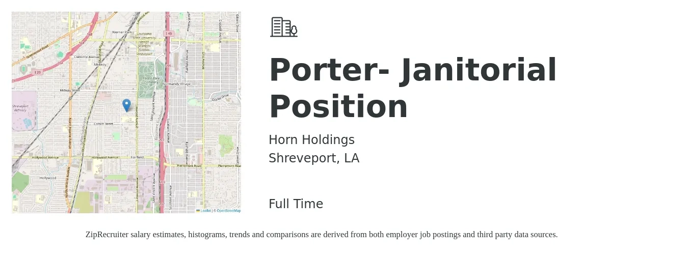 Horn Holdings job posting for a Porter- Janitorial Position in Shreveport, LA with a salary of $12 to $14 Hourly with a map of Shreveport location.