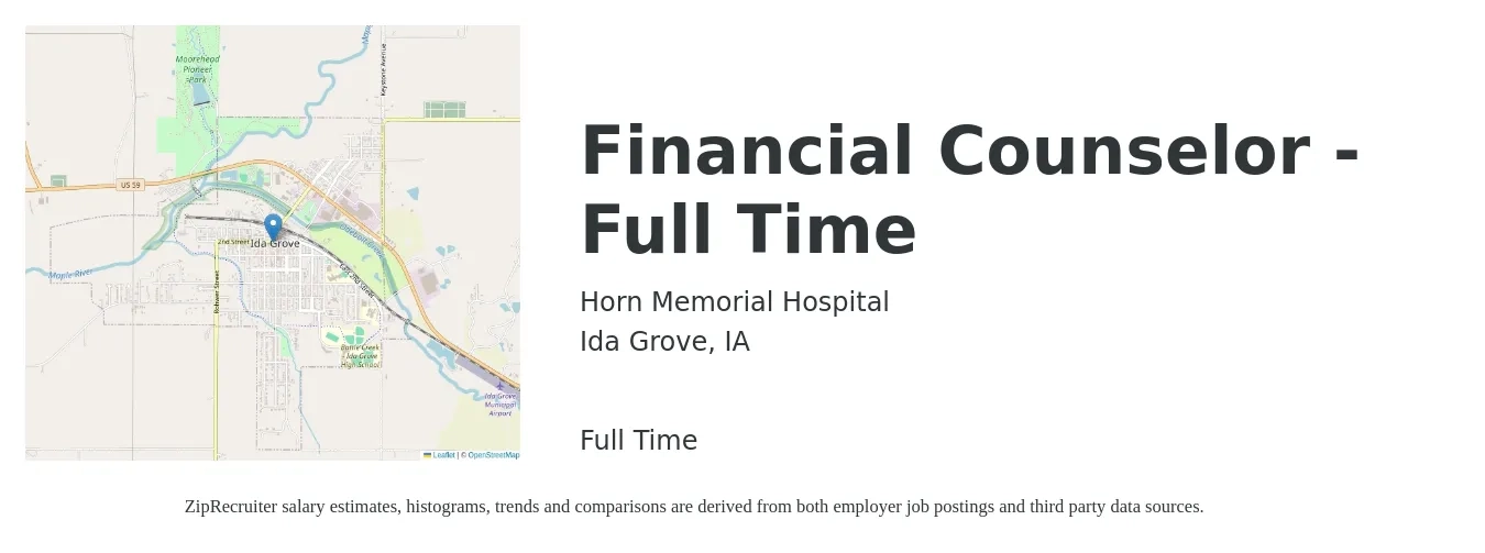 Horn Memorial Hospital job posting for a Financial Counselor - Full Time in Ida Grove, IA with a salary of $17 to $22 Hourly with a map of Ida Grove location.