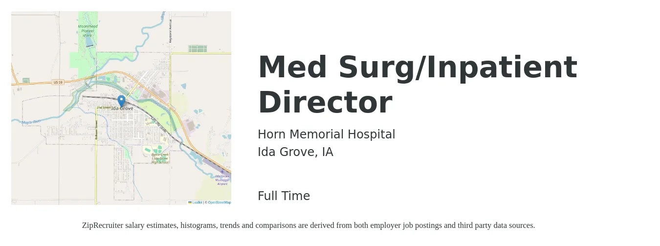 Horn Memorial Hospital job posting for a Med Surg/Inpatient Director in Ida Grove, IA with a salary of $40 to $62 Hourly with a map of Ida Grove location.