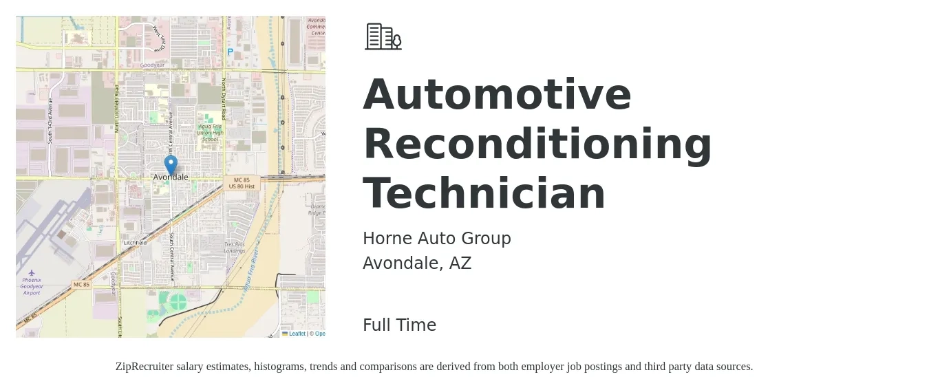 Horne Auto Group job posting for a Automotive Reconditioning Technician in Avondale, AZ with a salary of $22 to $36 Hourly with a map of Avondale location.