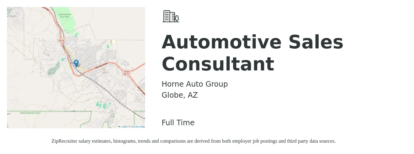 Horne Auto Group job posting for a Automotive Sales Consultant in Globe, AZ with a salary of $4,000 Monthly with a map of Globe location.