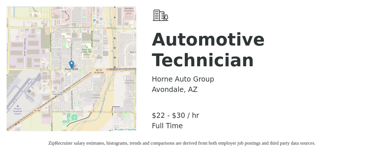 Horne Auto Group job posting for a Automotive Technician in Avondale, AZ with a salary of $23 to $32 Hourly with a map of Avondale location.