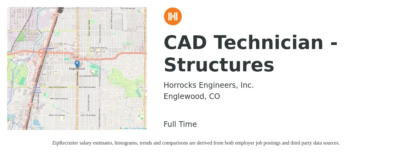 Horrocks Engineers, Inc. job posting for a CAD Technician - Structures in Englewood, CO with a salary of $22 to $32 Hourly with a map of Englewood location.