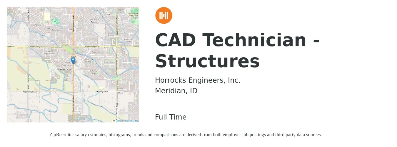 Horrocks Engineers, Inc. job posting for a CAD Technician - Structures in Meridian, ID with a salary of $21 to $30 Hourly with a map of Meridian location.