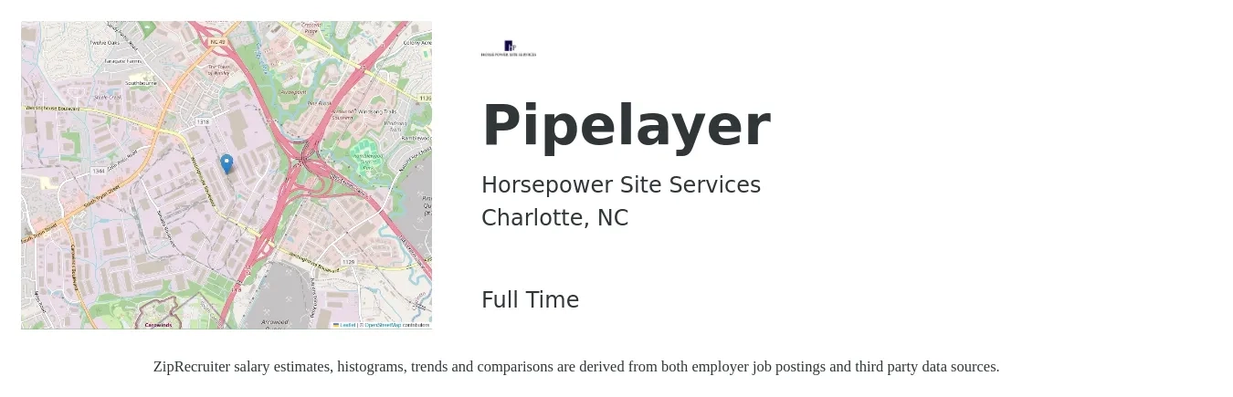 Horsepower Site Services job posting for a Pipelayer in Charlotte, NC with a salary of $26 to $31 Hourly with a map of Charlotte location.