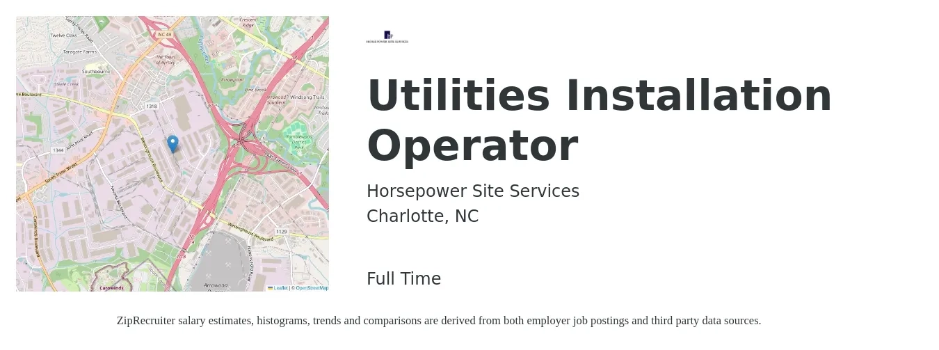 Horsepower Site Services job posting for a Utilities Installation Operator in Charlotte, NC with a salary of $20 to $27 Hourly with a map of Charlotte location.