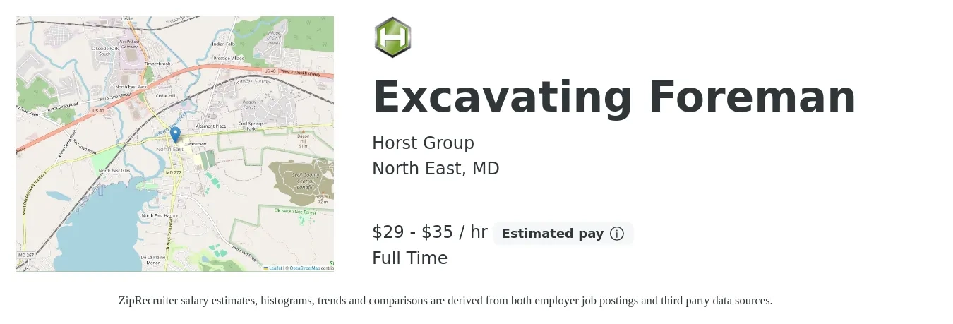 Horst Group job posting for a Excavating Foreman in North East, MD with a salary of $31 to $37 Hourly with a map of North East location.