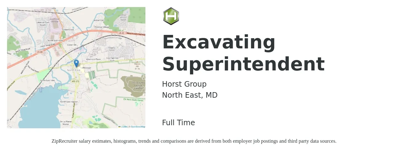 Horst Group job posting for a Excavating Superintendent in North East, MD with a salary of $70,200 to $114,300 Yearly with a map of North East location.
