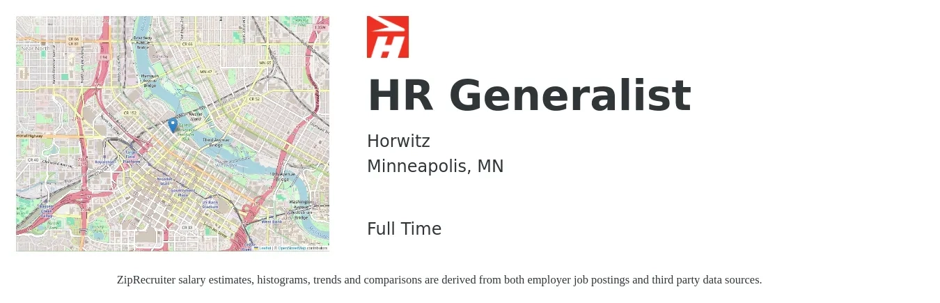 Horwitz job posting for a HR Generalist in Minneapolis, MN with a salary of $54,300 to $77,200 Yearly with a map of Minneapolis location.