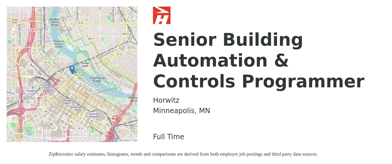 Horwitz job posting for a Senior Building Automation & Controls Programmer in Minneapolis, MN with a salary of $101,300 to $133,600 Yearly with a map of Minneapolis location.