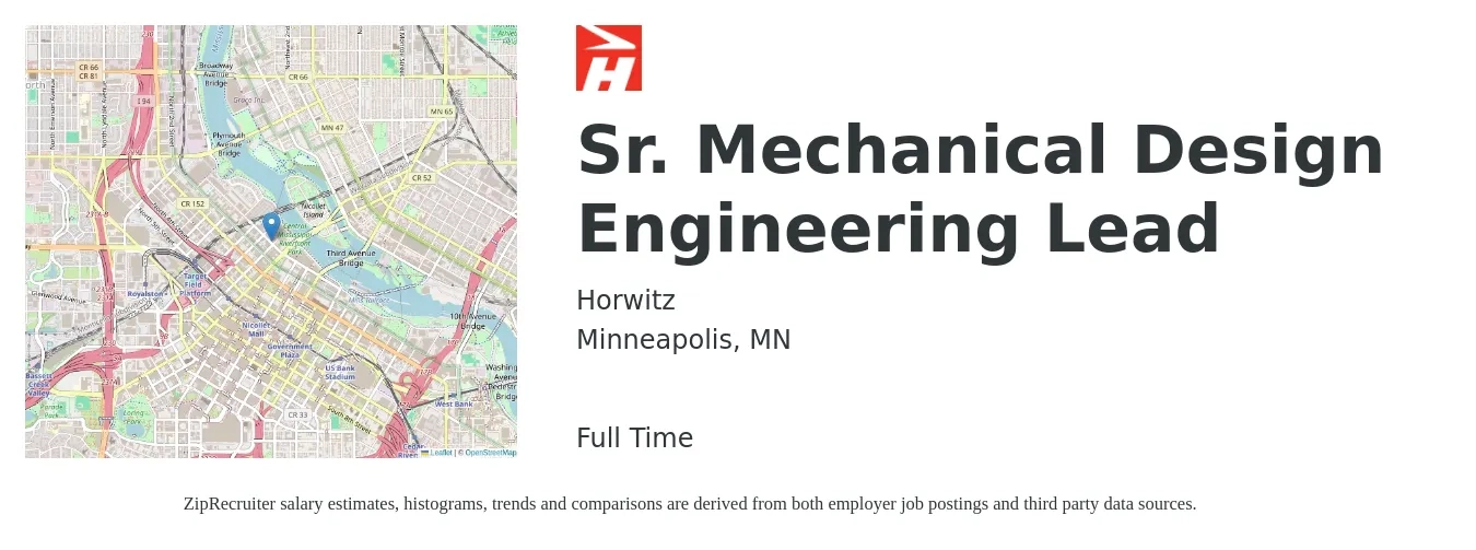 Horwitz job posting for a Sr. Mechanical Design Engineering Lead in Minneapolis, MN with a salary of $109,100 to $144,100 Yearly with a map of Minneapolis location.