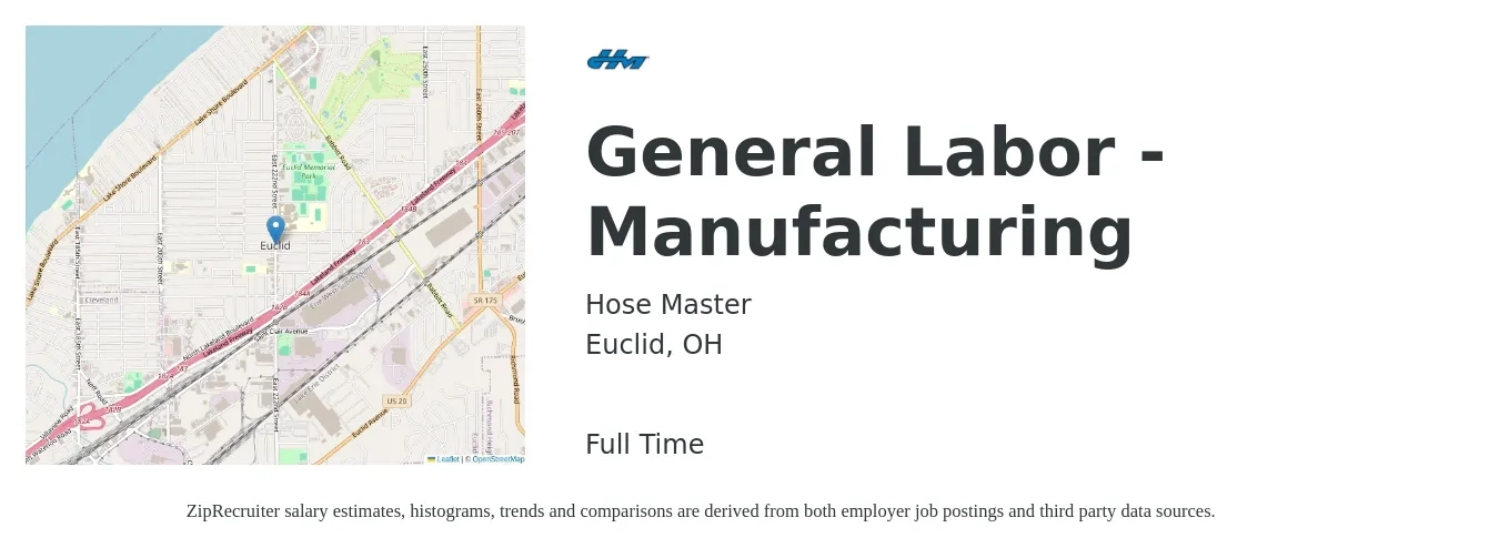 Hose Master job posting for a General Labor - Manufacturing in Euclid, OH with a salary of $16 to $20 Hourly with a map of Euclid location.