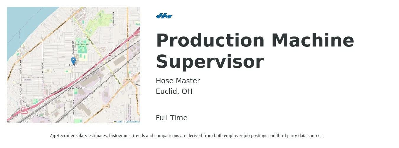 Hose Master job posting for a Production Machine Supervisor in Euclid, OH with a salary of $52,400 to $71,000 Yearly with a map of Euclid location.
