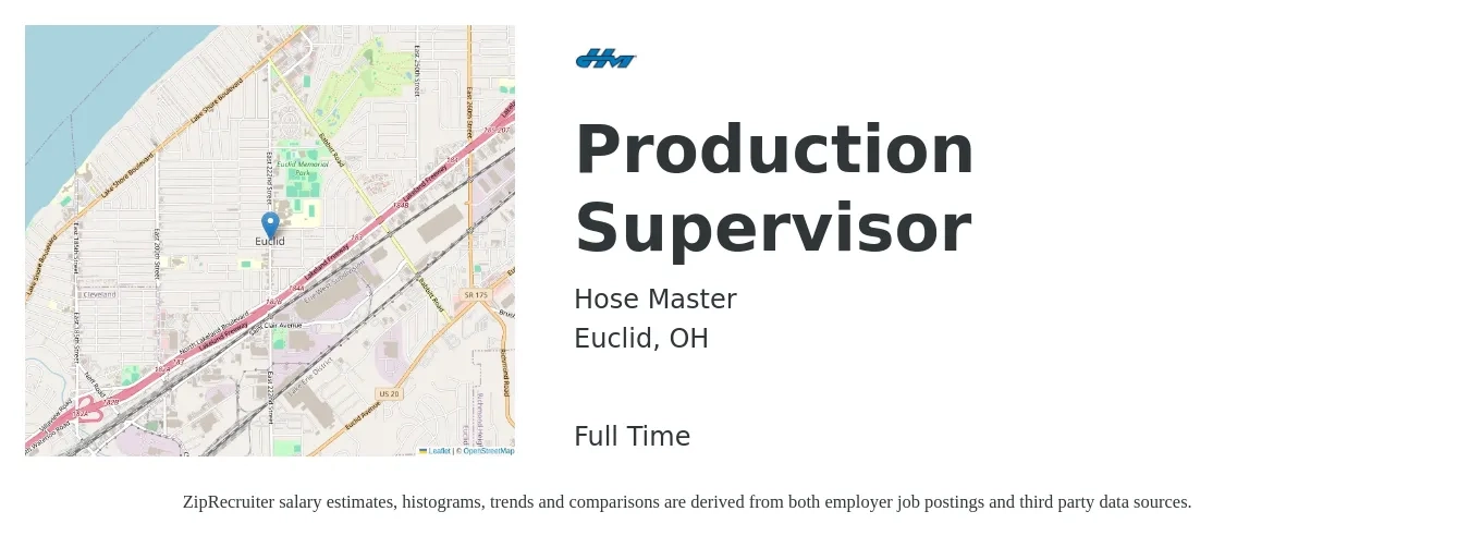 Hose Master job posting for a Production Supervisor in Euclid, OH with a salary of $54,800 to $78,800 Yearly with a map of Euclid location.