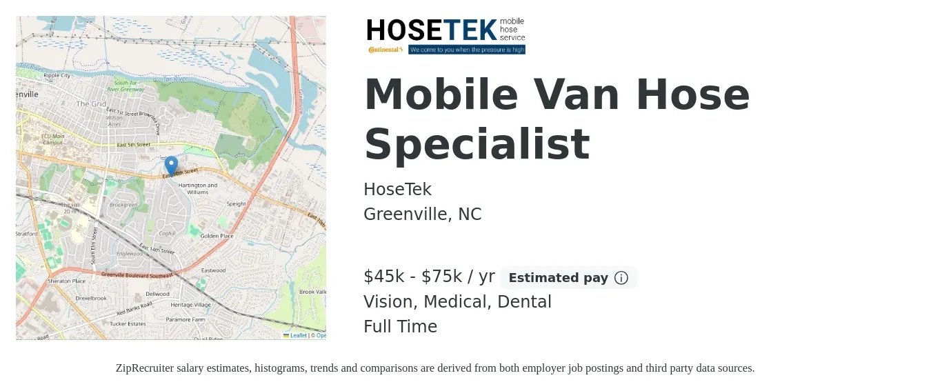 HoseTek job posting for a Mobile Van Hose Specialist in Greenville, NC with a salary of $45,000 to $75,000 Yearly (plus commission) and benefits including vision, dental, life_insurance, medical, and retirement with a map of Greenville location.