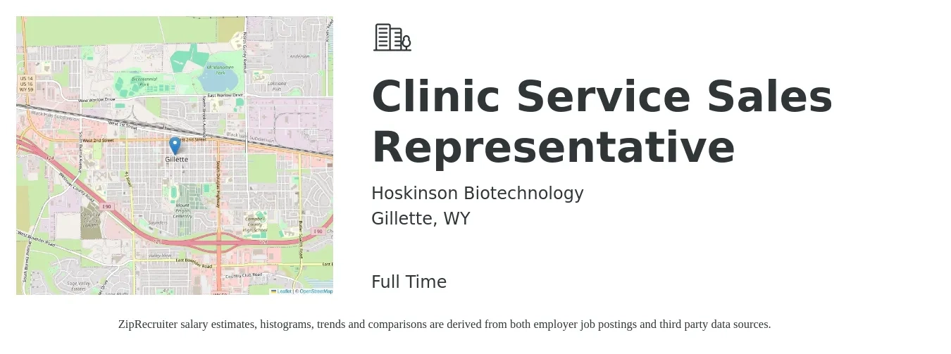 Hoskinson Biotechnology job posting for a Clinic Service Sales Representative in Gillette, WY with a salary of $41,000 to $71,700 Yearly with a map of Gillette location.