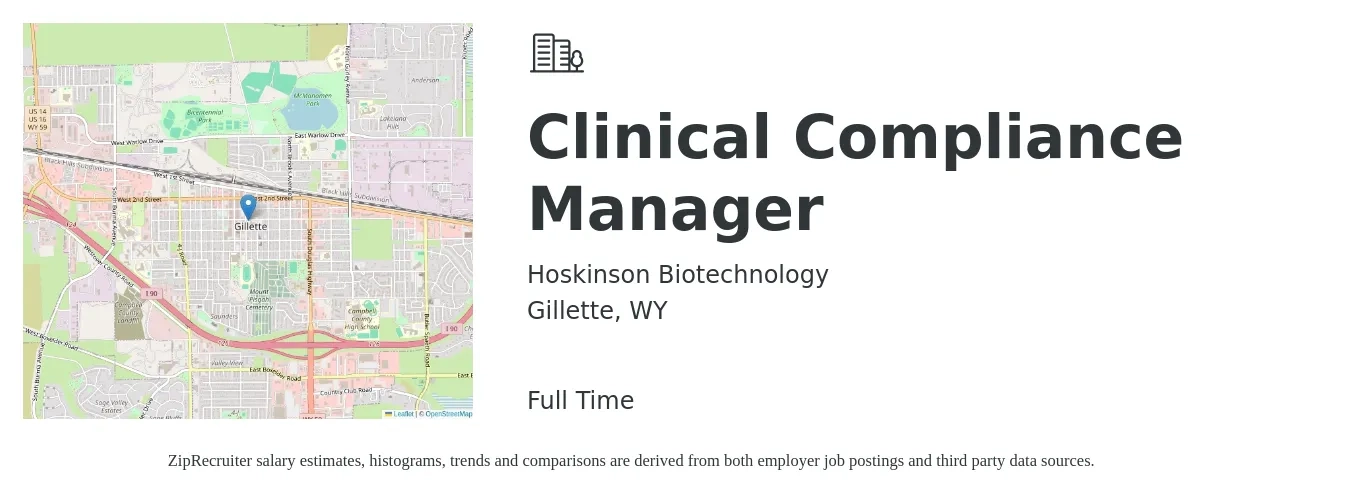 Hoskinson Biotechnology job posting for a Clinical Compliance Manager in Gillette, WY with a salary of $71,700 to $119,300 Yearly with a map of Gillette location.