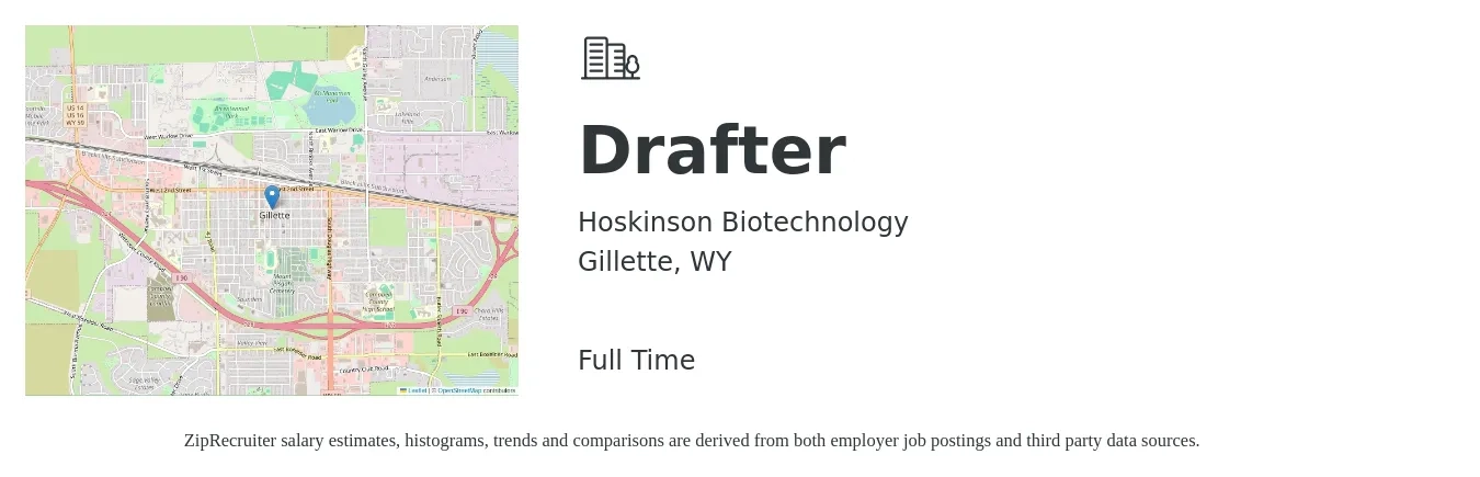 Hoskinson Biotechnology job posting for a Drafter in Gillette, WY with a salary of $22 to $32 Hourly with a map of Gillette location.