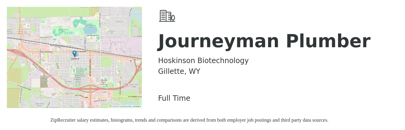 Hoskinson Biotechnology job posting for a Journeyman Plumber in Gillette, WY with a salary of $29 to $41 Hourly with a map of Gillette location.