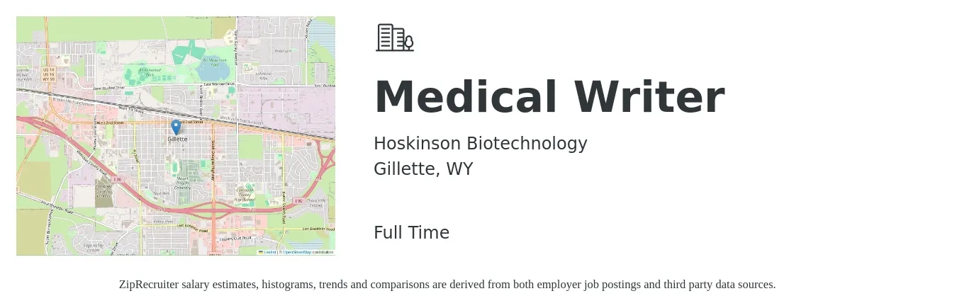Hoskinson Biotechnology job posting for a Medical Writer in Gillette, WY with a salary of $36 to $60 Hourly with a map of Gillette location.