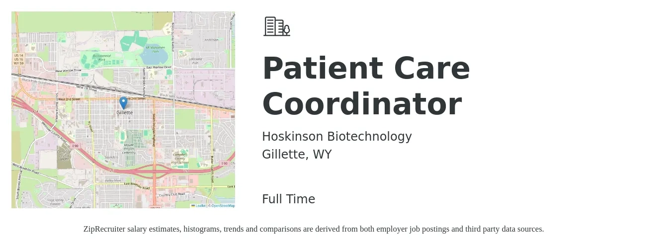 Hoskinson Biotechnology job posting for a Patient Care Coordinator in Gillette, WY with a salary of $16 to $20 Hourly with a map of Gillette location.