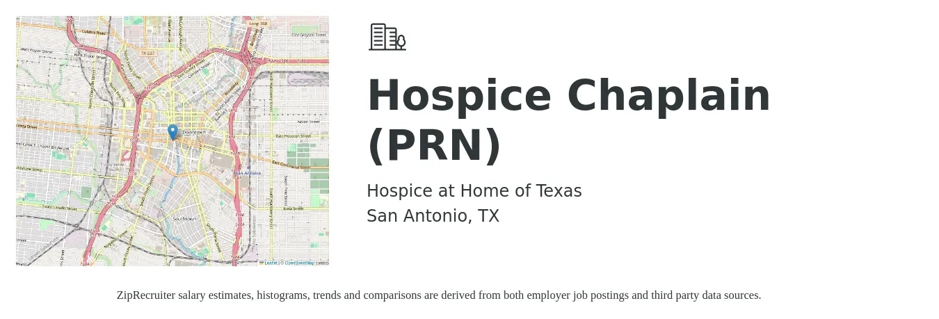 Hospice at Home of Texas job posting for a Hospice Chaplain (PRN) in San Antonio, TX with a salary of $28 to $33 Hourly with a map of San Antonio location.