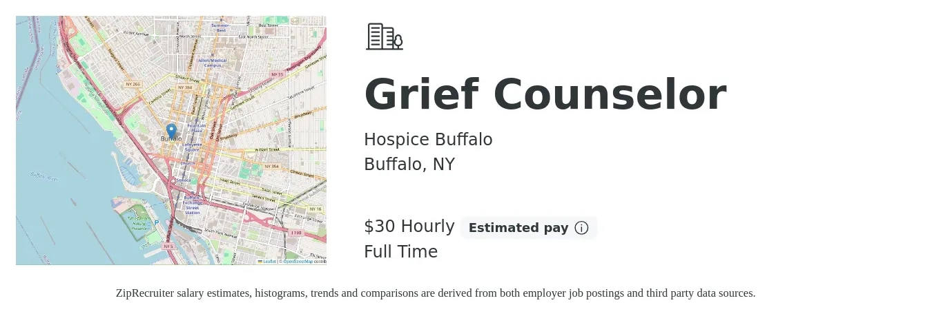 Hospice Buffalo job posting for a Grief Counselor in Buffalo, NY with a salary of $22 to $33 Hourly with a map of Buffalo location.