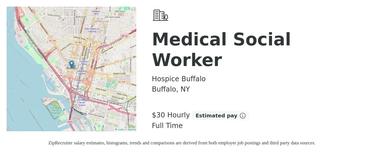 Hospice Buffalo job posting for a Medical Social Worker in Buffalo, NY with a salary of $32 Hourly with a map of Buffalo location.