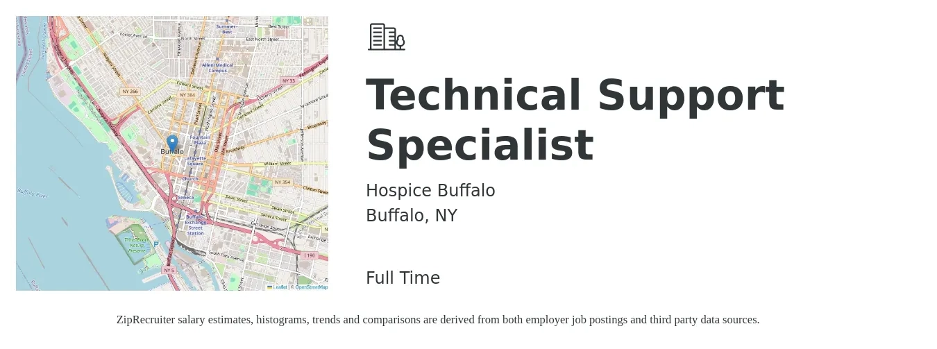 Hospice Buffalo job posting for a Technical Support Specialist in Buffalo, NY with a salary of $22 to $33 Hourly with a map of Buffalo location.