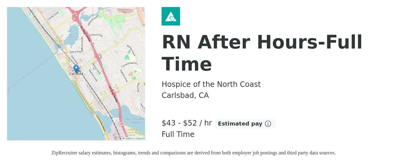 Hospice of the North Coast job posting for a RN After Hours-Full Time in Carlsbad, CA with a salary of $45 to $55 Hourly with a map of Carlsbad location.
