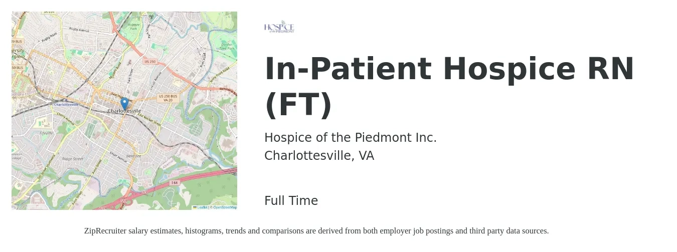 Hospice of the Piedmont Inc. job posting for a In-Patient Hospice RN (FT) in Charlottesville, VA with a salary of $1,550 to $2,250 Weekly with a map of Charlottesville location.