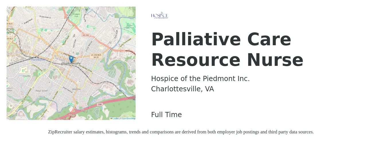 Hospice of the Piedmont Inc. job posting for a Palliative Care Resource Nurse in Charlottesville, VA with a salary of $36 to $47 Hourly with a map of Charlottesville location.