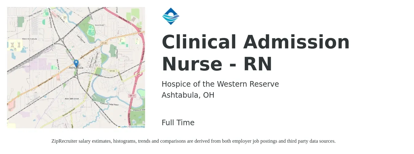 Hospice of the Western Reserve job posting for a Clinical Admission Nurse - RN in Ashtabula, OH with a salary of $34 to $54 Hourly with a map of Ashtabula location.