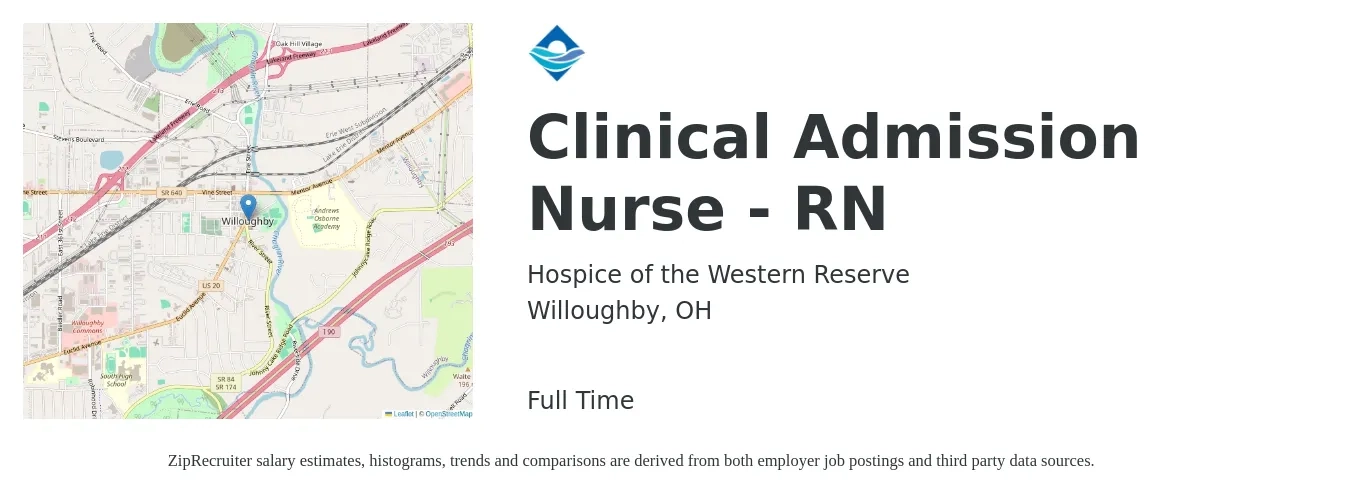 Hospice of the Western Reserve job posting for a Clinical Admission Nurse - RN in Willoughby, OH with a salary of $34 to $55 Hourly with a map of Willoughby location.