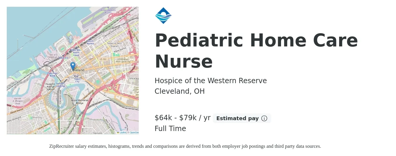 Hospice of the Western Reserve job posting for a Pediatric Home Care Nurse in Cleveland, OH with a salary of $64,480 to $79,040 Yearly with a map of Cleveland location.