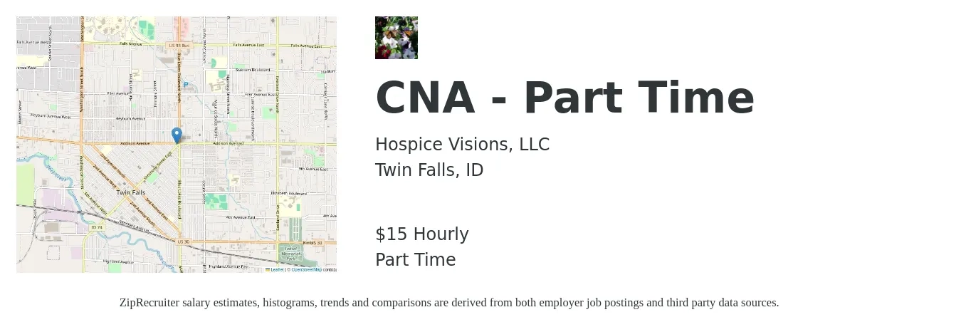 Hospice Visions, LLC job posting for a CNA - Part Time in Twin Falls, ID with a salary of $16 Hourly with a map of Twin Falls location.