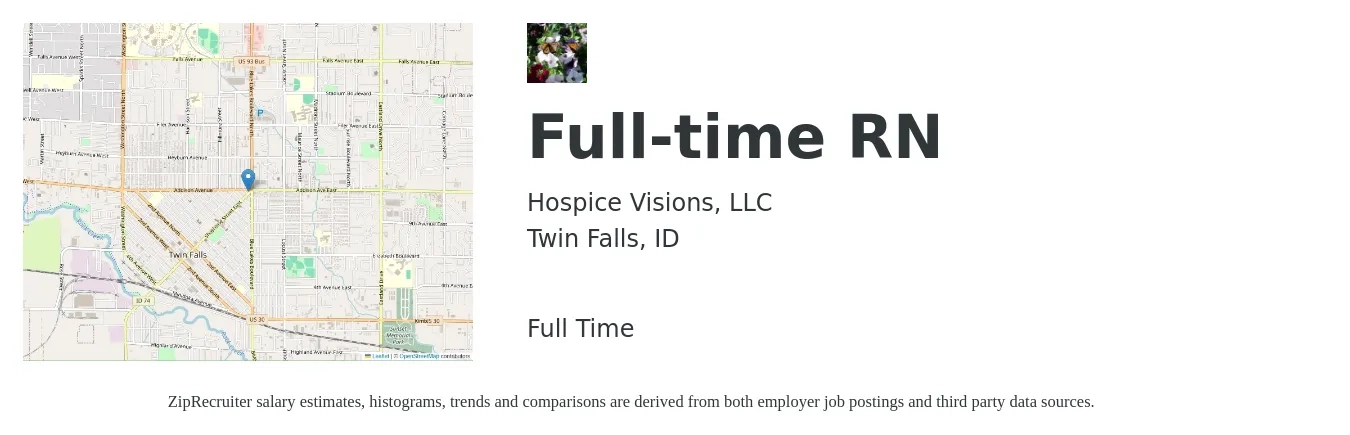 Hospice Visions, LLC job posting for a Full-time RN in Twin Falls, ID with a salary of $32 to $50 Hourly with a map of Twin Falls location.