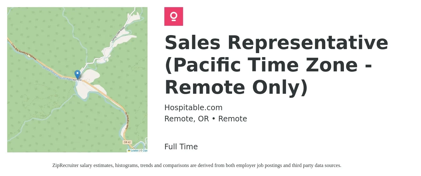 Hospitable.com job posting for a Sales Representative (Pacific Time Zone - Remote Only) in Remote, OR with a salary of $53,400 to $92,900 Yearly with a map of Remote location.