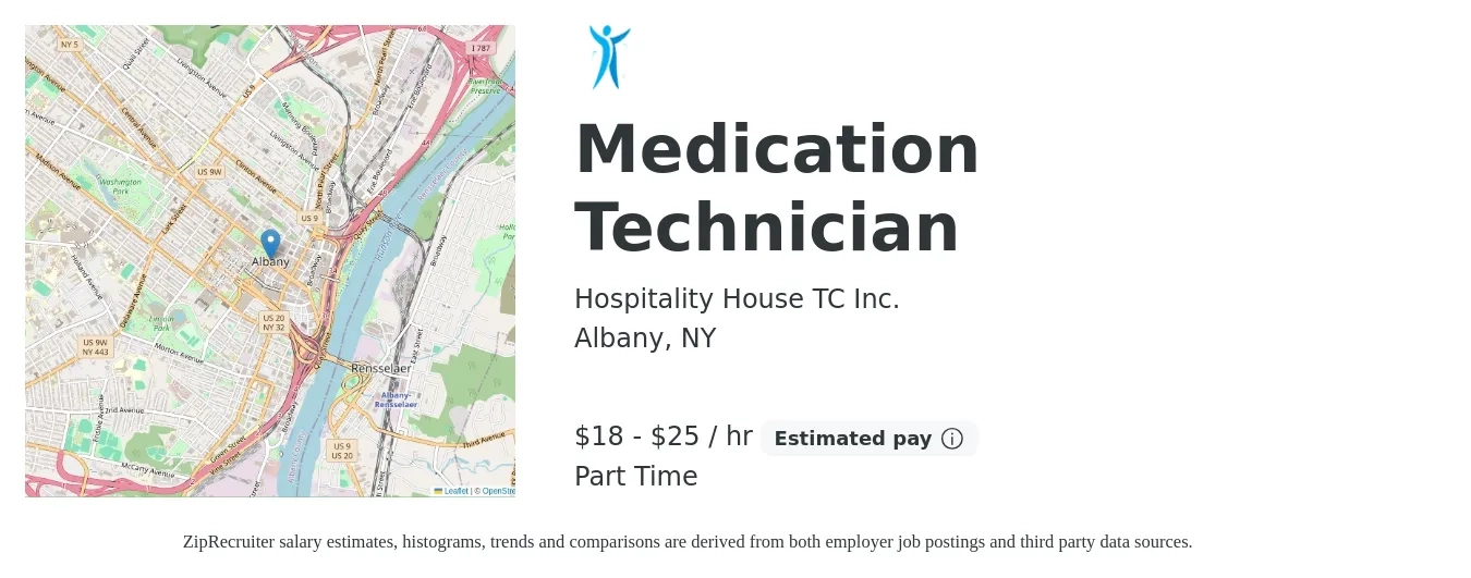 Hospitality House TC Inc. job posting for a Medication Technician in Albany, NY with a salary of $19 to $26 Hourly with a map of Albany location.