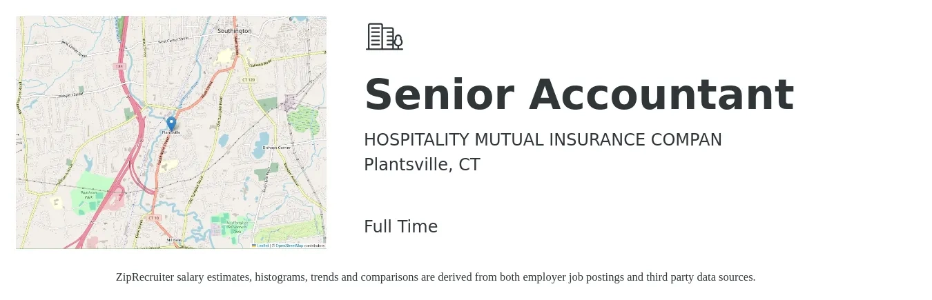 HOSPITALITY MUTUAL INSURANCE COMPAN job posting for a Senior Accountant in Plantsville, CT with a salary of $75,100 to $94,400 Yearly with a map of Plantsville location.