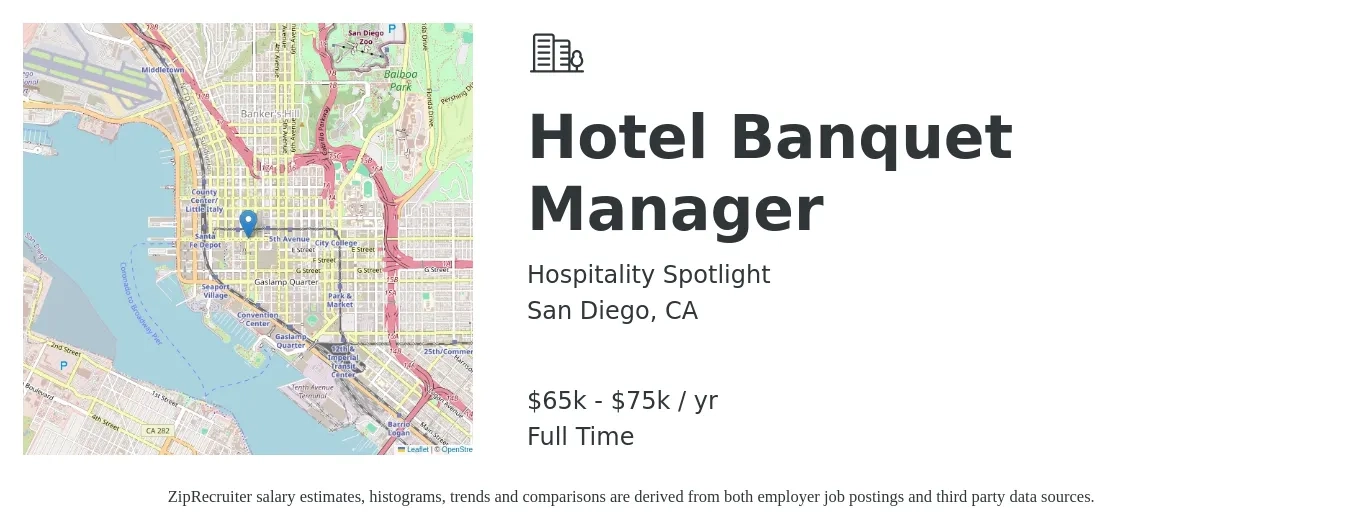 Hospitality Spotlight job posting for a Hotel Banquet Manager in San Diego, CA with a salary of $65,000 to $75,000 Yearly with a map of San Diego location.