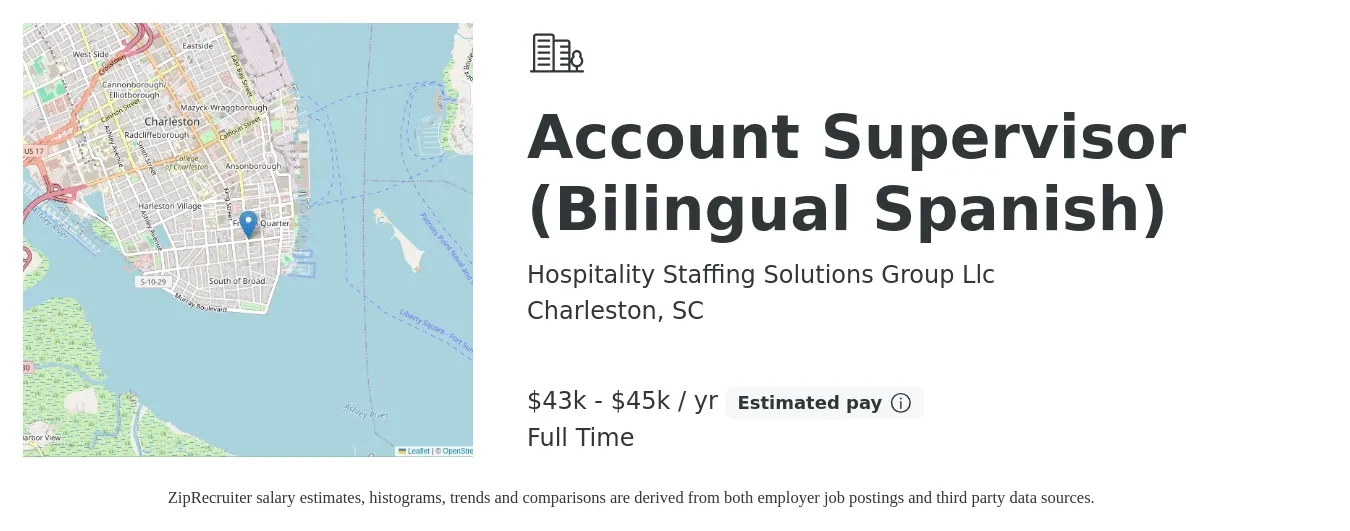 Hospitality Staffing Solutions Group Llc job posting for a Account Supervisor (Bilingual Spanish) in Charleston, SC with a salary of $43,000 to $45,000 Yearly with a map of Charleston location.