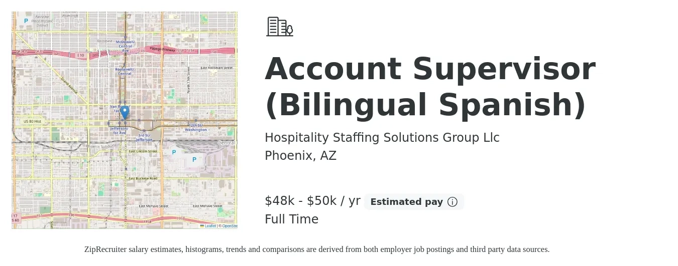 Hospitality Staffing Solutions Group Llc job posting for a Account Supervisor (Bilingual Spanish) in Phoenix, AZ with a salary of $48,000 to $50,000 Yearly with a map of Phoenix location.