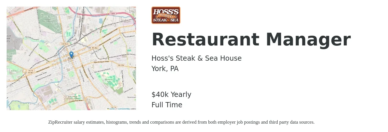 Hoss's Steak & Sea House job posting for a Restaurant Manager in York, PA with a salary of $40,000 Yearly with a map of York location.