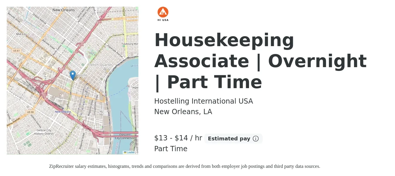 Hostelling International USA job posting for a Housekeeping Associate | Overnight | Part Time in New Orleans, LA with a salary of $14 to $15 Hourly with a map of New Orleans location.